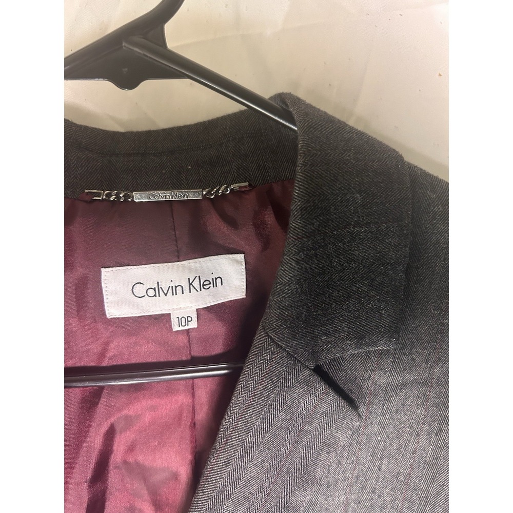 Calvin Klein Womens Suit Jacket 10P Petite Grey Herringbone 1-Button Stretch - Picture 4 of 9